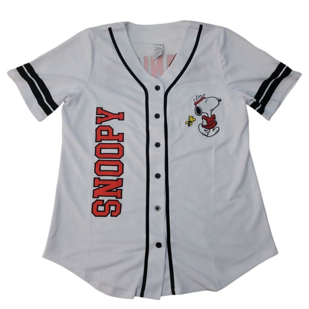 Licensed Women's Soft Short Sleeve Mesh Button Up Jersey Baseball Tee - Snoopy